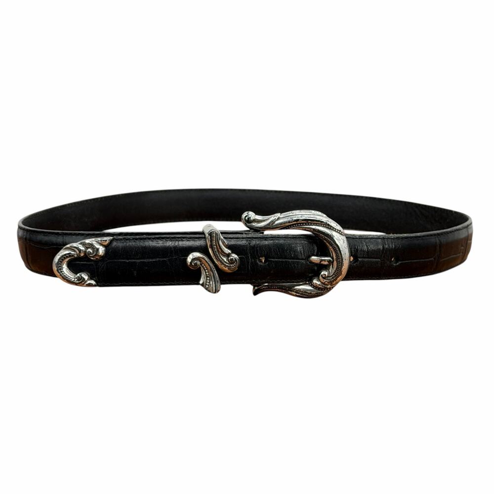 Brighton Croc Leather Scroll Belt SZ M Women's Black Ornate Western Gothic USA